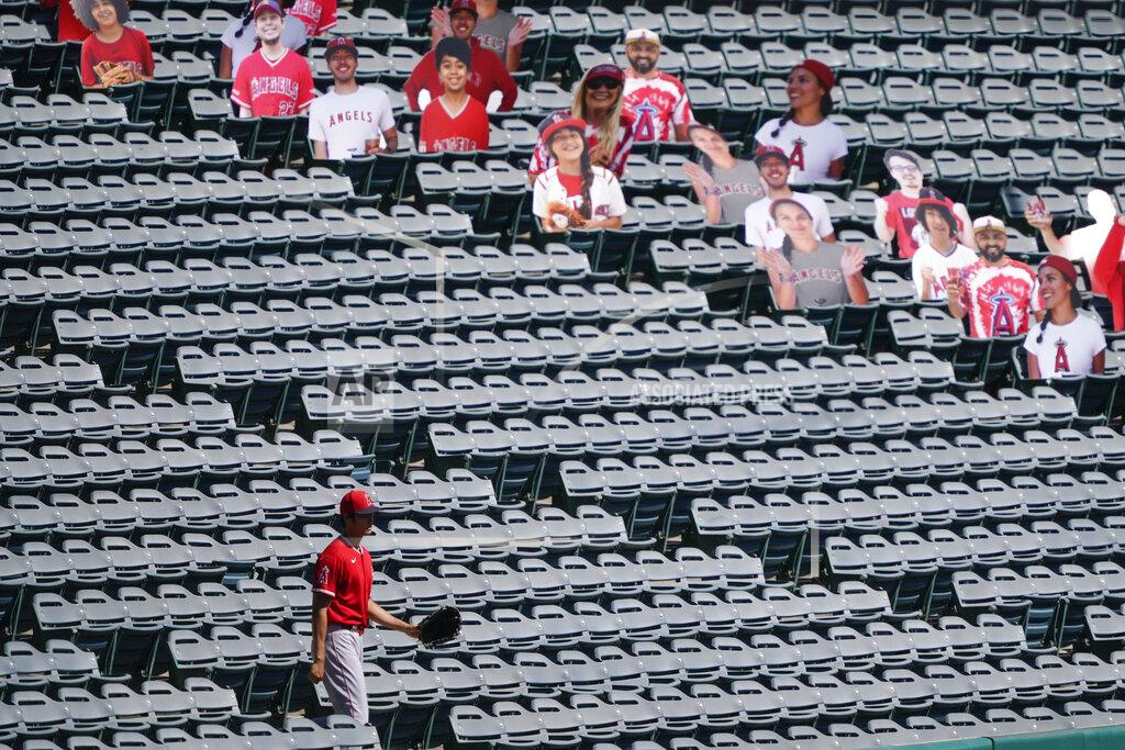 Ashley Landis Los Angeles Angels designated hitter Shohei Ohtani (17) looks for stray baseballs in the stands near cutouts of fans during practice at Angels Stadium on Friday, July 3, 2020, in Anaheim, Calif. (AP Photo/Ashley Landis)