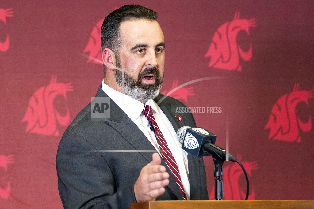 Pete Caster New Washington State football coach Nick Rolovich speaks during a news conference after being officially introduced as the head coach on Thursday, Jan. 16, 2020, in Pullman, Wash. (Pete Caster/Lewiston Tribune via AP)