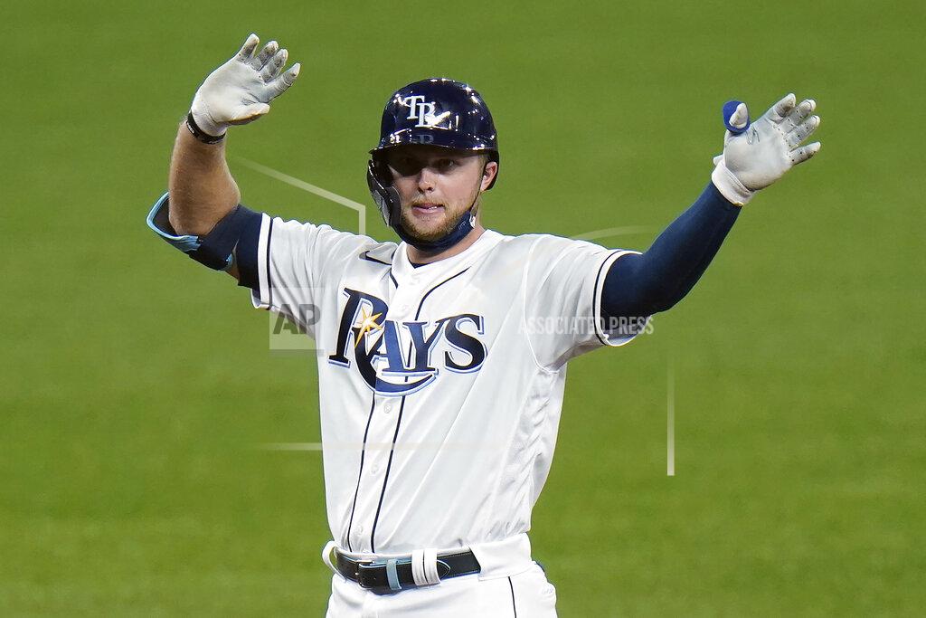 Chris O'meara Tampa Bay Rays' Austin Meadows celebrates his RBI double off Boston Red Sox relief pitcher Ryan Weber during the fifth inning of a baseball game Thursday, Sept. 10, 2020, in St. Petersburg, Fla. Rays' Manuel Margot scored on the hit. (AP Photo/Chris O'Meara)