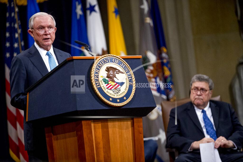 Andrew Harnik FILE - In this May 9, 2019 file photo, former Attorney General Jeff Sessions, accompanied by Attorney General William Barr, right, speaks during a farewell ceremony for Deputy Attorney General Rod Rosenstein in the Great Hall at the Department of Justice in Washington. Senate Democratic leaders are demanding that former Attorneys General Bill Barr and Jeff Sessions testify about the secret seizure of data from House Democrats in 2018. (AP Photo/Andrew Harnik)