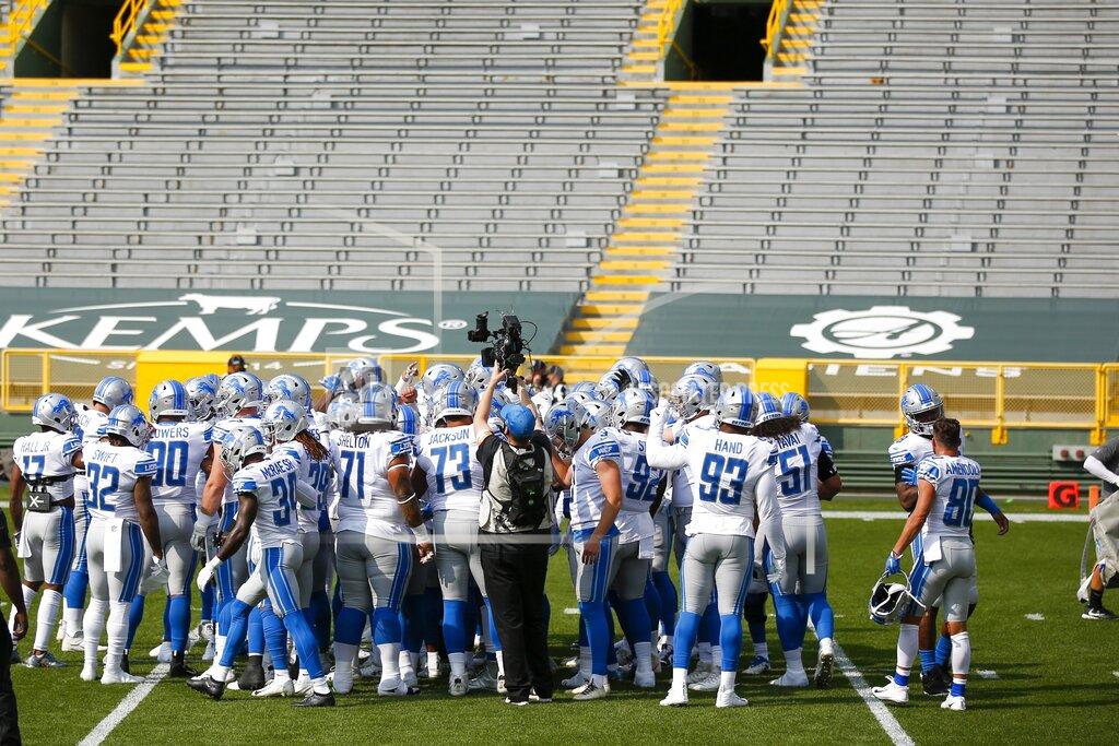 Matt Ludtke The Detroit Lions huddle before an NFL football game against the Green Bay Packers Sunday, Sept. 20, 2020, in Green Bay, Wis. (AP Photo/Matt Ludtke)