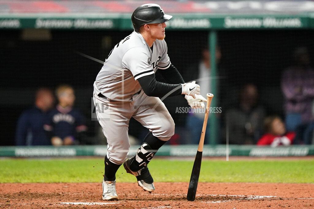 Tony Dejak Chicago White Sox's Andrew Vaughn hits a two-run single in the sixth inning in the second baseball game of a doubleheader against the Cleveland Indians, Thursday, Sept. 23, 2021, in Cleveland. (AP Photo/Tony Dejak)