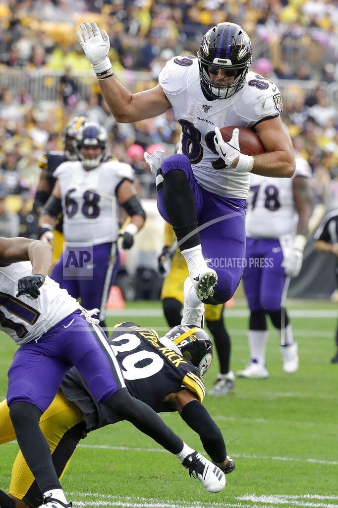 Don Wright Baltimore Ravens tight end Mark Andrews (89) leaps over Pittsburgh Steelers free safety Minkah Fitzpatrick (39) while running after making a catch in the first half of an NFL football game Sunday, Oct. 6, 2019, in Pittsburgh. (AP Photo/Don Wright)