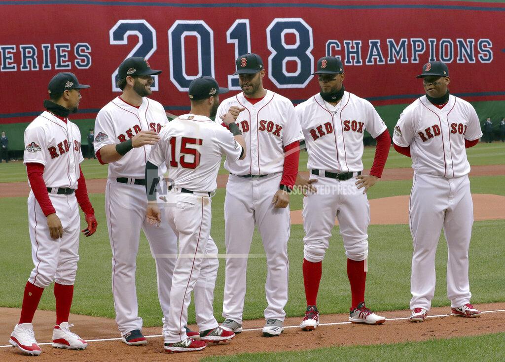 Charles Krupa Boston Red Sox second baseman Dustin Pedroia (15) exchanges a fist bump with J.D. Martinez before the home opener baseball game between the Red Sox and the Toronto Blue Jays, Tuesday, April 9, 2019, in Boston. (AP Photo/Charles Krupa)