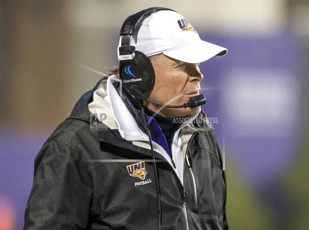 Daniel Lin Northern Iowa head coach Mark Farley paces his sideline during the first half of a quarterfinal game against James Madison in the NCAA college Football Championship Subdivision playoffs in Harrisonburg, Va., Friday, Dec. 13, 2019. (Daniel Lin/Daily News-Record via AP)
