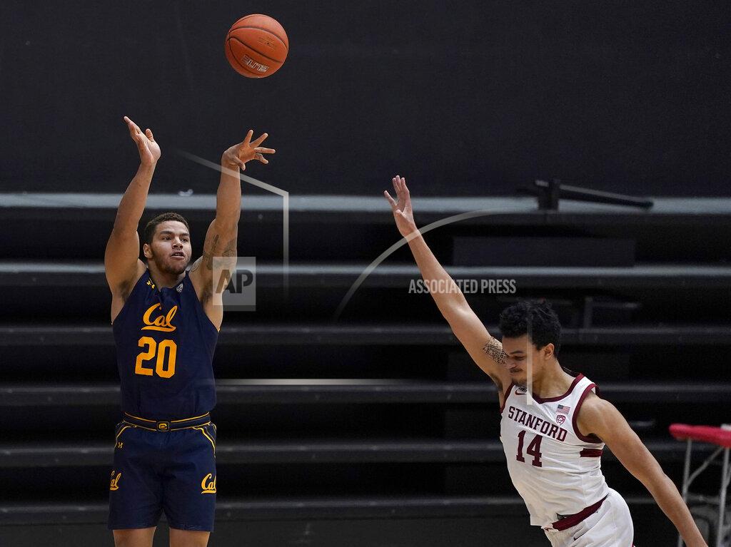 Tony Avelar California guard Matt Bradley (20) shoots against Stanford forward Spencer Jones (14) during the first half of an NCAA college basketball game in Stanford, Calif., Sunday, Feb. 7, 2021. (AP Photo/Tony Avelar)