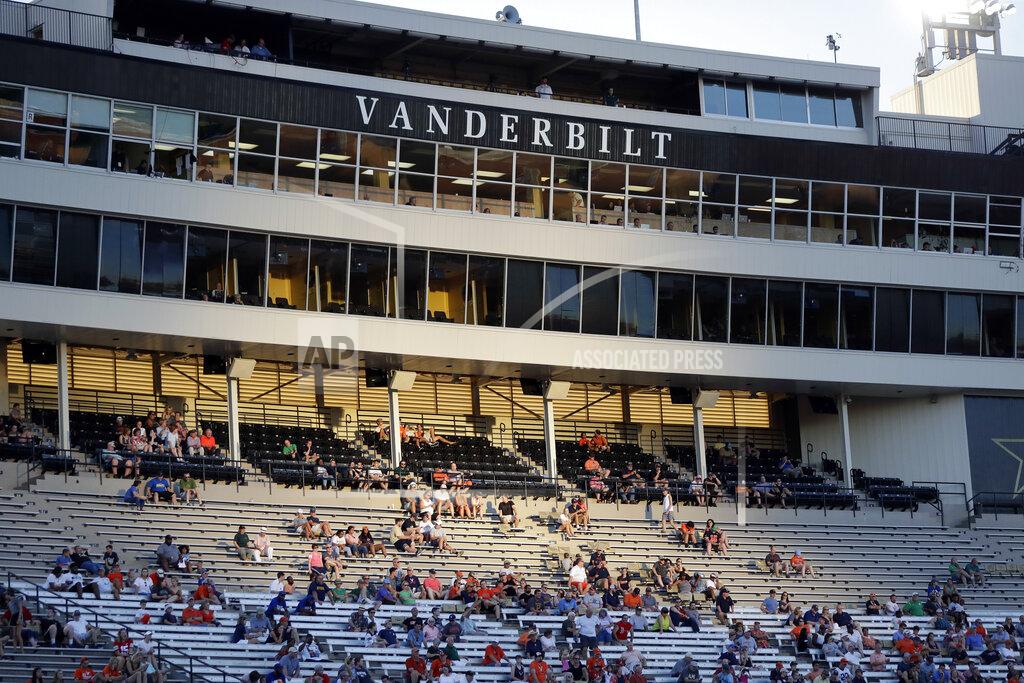 Mark Humphrey FILE — In this Sept. 15, 2018, file photo, fans sit in Vanderbilt Stadium during an NCAA college football game in Nashville, Tenn. Vanderbilt announced a $300 million project Monday, March 29, 2021, to improve football and basketball facilities and a new Vandy United Fund to raise money for athletics programs. (AP Photo/Mark Humphrey, File)