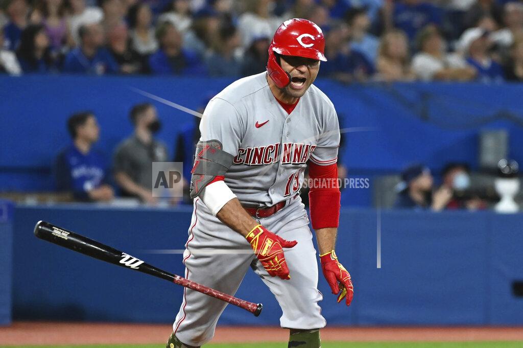 Jon Blacker Cincinnati Reds' Hey Votto reacts after flying out against the Toronto Blue Jays during the first inning of a baseball game Friday, May 20, 2022, in Toronto. (Jon Blacker/The Canadian Press via AP)