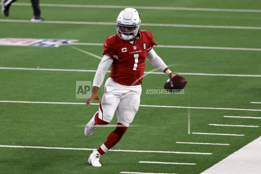 Ron Jenkins Arizona Cardinals quarterback Kyler Murray (1) heads to the sideline after gaining yardage carrying the ball against the Dallas Cowboys in the first half of an NFL football game in Arlington, Texas, Monday, Oct. 19, 2020. (AP Photo/Ron Jenkins)