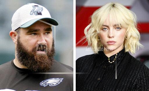 This combination of 2021 photos shows Philadelphia Eagles' Jason Kelce,, left, and Billie Eilish in London. The grammy Award-winning singer-songwriter and Eagles center have something in common, broadcasters have difficulty pronouncing their names. Both Eilish and Kelce, as well as "omicron" made it onto this year's list of most mispronounced words as compiled by the U.S. Captioning Company, which captions and subtitles real-time events on TV and in courtrooms. (Tim Tai/The Philadelphia Inquirer via AP, Pool, Joel C Ryan/Invision/AP)