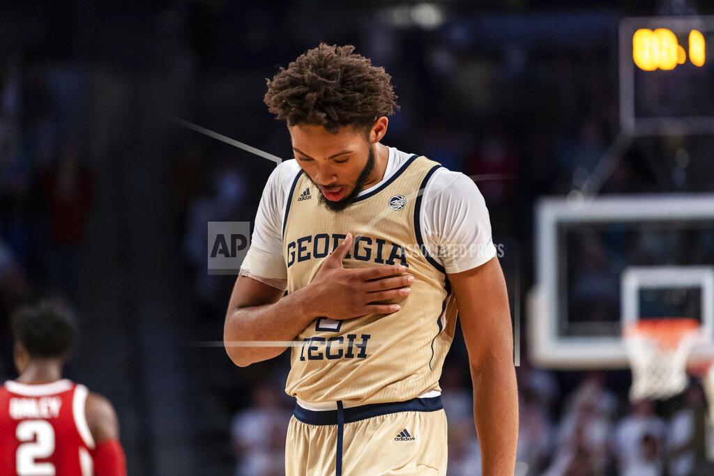 Danny Karnik Georgia Tech forward James Banks III (1) reacts in overtime of an NCAA college basketball game against Arkansas, Monday, Nov. 25, 2019, in Atlanta. (AP Photo/Danny Karnik)