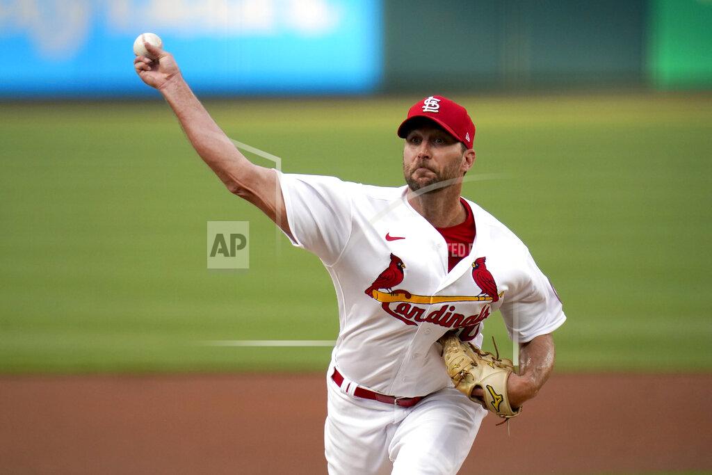 Jeff Roberson St. Louis Cardinals starting pitcher Adam Wainwright throws during the first inning of a baseball game against the New York Mets Monday, May 3, 2021, in St. Louis. (AP Photo/Jeff Roberson)