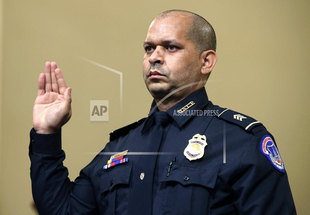 Chip Somodevilla U.S. Capitol Police Sgt. Aquilino Gonell is sworn in before the House select committee hearing on the Jan. 6 attack on Capitol Hill in Washington, Tuesday, July 27, 2021. (Chip Somodevilla/Pool via AP)