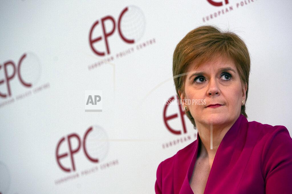 Virginia Mayo FILE - In this Feb. 10, 2020, file photo, Scotland's First Minister Nicola Sturgeon speaks during a 'Scotland's European Future after Brexit' event at the European Policy Center in Brussels. Former allies Scotland's politicians Alex Salmond and Nicola Sturgeon have been trading accusations in a feud that seems to be tearing apart their Scottish National Party, as Salmond is scheduled to appear at a Scottish Parliament inquiry Wednesday Feb. 24, 2021. (AP Photo/Virginia Mayo, Pool, File)