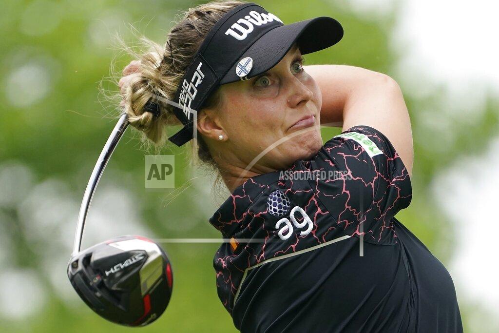 John Minchillo Sanna Nuutinen, of Finland, tees off on the second hole during the third round of the LPGA Cognizant Founders Cup golf tournament, Saturday, May 14, 2022, at the Upper Montclair Country Club in Clifton, N.J. (AP Photo/John Minchillo)
