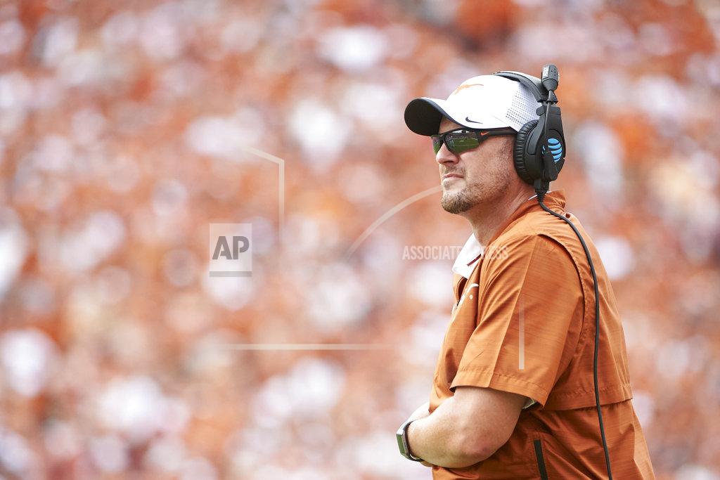 Cooper Neill Texas head coach Tom Herman looks on during the second half of an NCAA college football game against Oklahoma at the Cotton Bowl, Saturday, Oct. 6, 2018, in Dallas. (AP Photo/Cooper Neill)