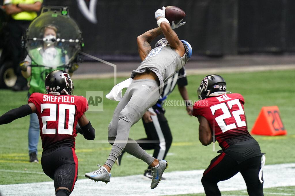 Brynn Anderson Detroit Lions wide receiver Kenny Golladay (19) makes the catch against Atlanta Falcons strong safety Keanu Neal (22) during the second half of an NFL football game, Sunday, Oct. 25, 2020, in Atlanta. (AP Photo/Brynn Anderson)