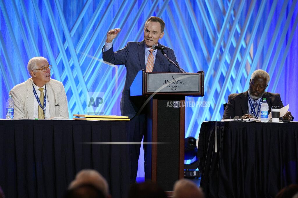 Mark Humphrey Dr. Ronnie Floyd, center, president and CEO of the executive committee of the Southern Baptist Convention, speaks during the executive committee plenary meeting at the denomination's annual meeting Monday, June 14, 2021, in Nashville, Tenn. (AP Photo/Mark Humphrey)