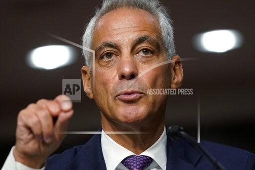 U.S. Ambassador to Japan nominee Rahm Emanuel speaks during a hearing to examine his nomination before the Senate Foreign Relations Committee on Capitol Hill in Washington, Wednesday, Oct. 20, 2021. (AP Photo/Patrick Semansky)