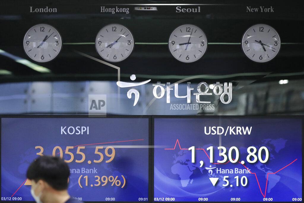 Lee Jin-Man A currency trader walks by the screens showing the Korea Composite Stock Price Index (KOSPI), left, and the foreign exchange rate between U.S. dollar and South Korean won at the foreign exchange dealing room in Seoul, South Korea, Friday, March 12, 2021. Stocks were mixed in Asia on Friday after broad gains lifted several major indexes to all-time highs on Wall Street.(AP Photo/Lee Jin-man)