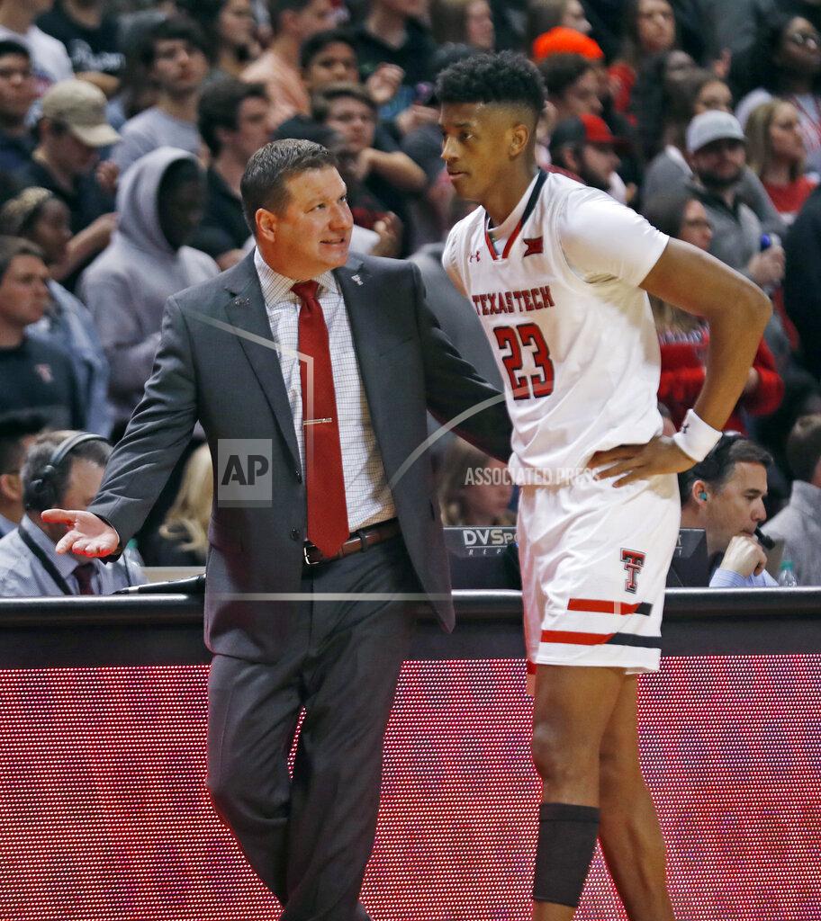 Texas Tech coach Chris Beard talks to Jarrett Culver during the first half of the team's NCAA college basketball game against Oklahoma State, Wednesday, Feb. 27, 2019, in Lubbock, Texas. (AP Photo/Brad Tollefson)