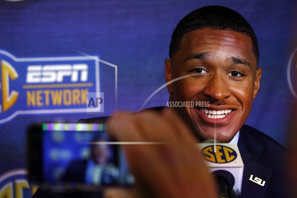 FILE - In this July 15, 2019, file photo, LSU defensive back Grant Delpit speaks during the NCAA college football Southeastern Conference Media Days in Hoover, Ala. Delpit arguably is the nation’s top returning defensive player after collecting 74 tackles, five sacks and five interceptions last season. LSU will need Delpit this week to help contain a Georgia Southern offense that ranked seventh among all Football Bowl Subdivision teams in rushing last season.
(AP Photo/Butch Dill, File)