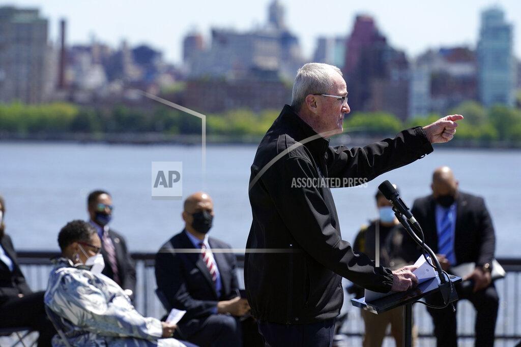 Seth Wenig New Jersey Gov. Phil Murphy speaks during a news conference in Hoboken, N.J., Thursday, May 6, 2021. More than eight years after Superstorm Sandy overwhelmed the New York City area, Hoboken is breaking ground on a flood resiliency project that is part of a $230 million plan funded by the U.S. Department of Housing and Urban Development. (AP Photo/Seth Wenig)