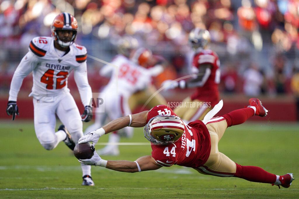 Tony Avelar San Francisco 49ers fullback Kyle Juszczyk (44) cannot catch a pass in front of Cleveland Browns strong safety Morgan Burnett (42) during the first half of an NFL football game in Santa Clara, Calif., Monday, Oct. 7, 2019. (AP Photo/Tony Avelar)