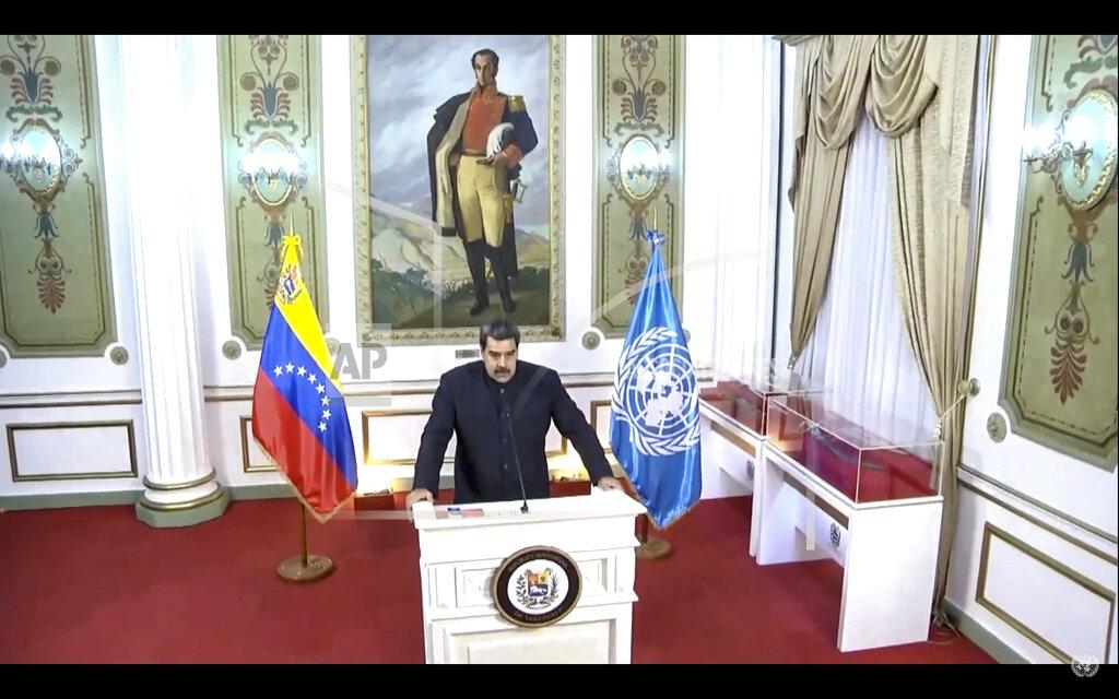 In this UNTV image, Nicolás Maduro Moros, President of Venezuela, speaks in a pre-recorded video message during the 75th session of the United Nations General Assembly, Wednesday, Sept. 23, 2020, at UN Headquarters. The U.N.'s first virtual meeting of world leaders started Tuesday with pre-recorded speeches from heads-of-state, kept at home by the coronavirus pandemic. (UNTV via AP)