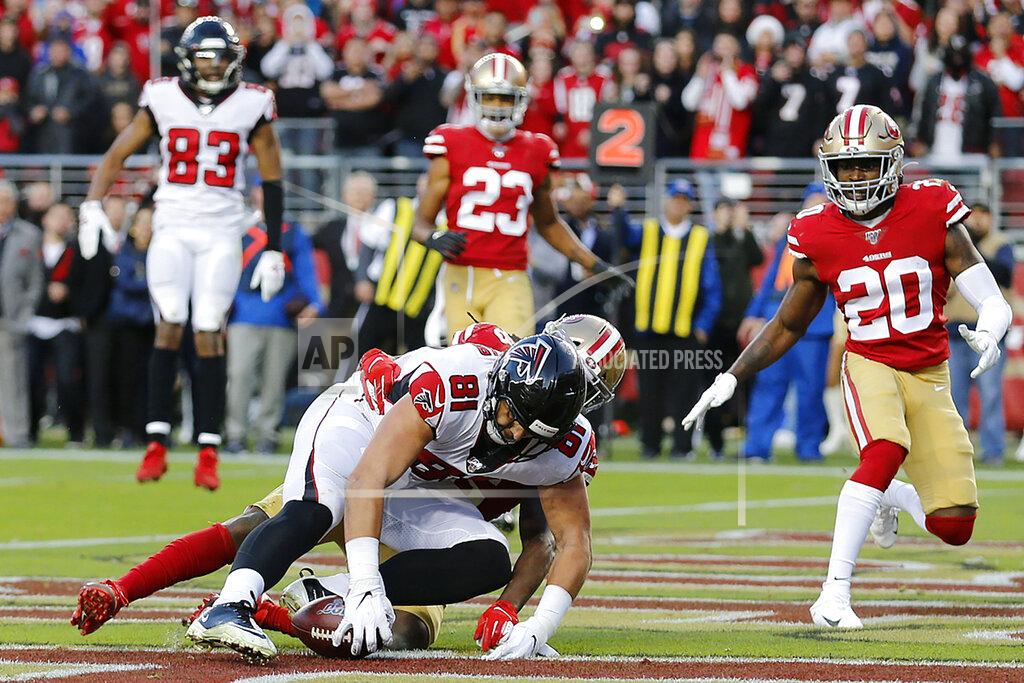 Josie Lepe Atlanta Falcons tight end Austin Hooper (81) cannot catch a pass in the end zone against San Francisco 49ers defensive back Marcell Harris during the second half of an NFL football game in Santa Clara, Calif., Sunday, Dec. 15, 2019. (AP Photo/Josie Lepe)