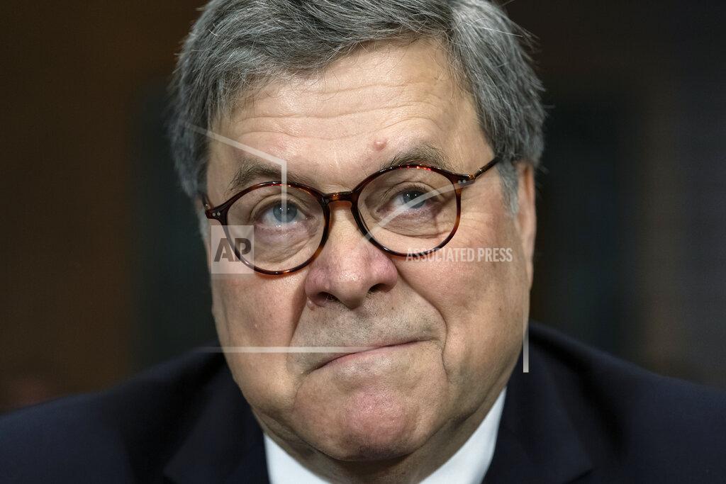 J. Scott Applewhite FILE - In this May 1, 2019 file photo, then Attorney General William Barr appears before the Senate Judiciary Committee to face lawmakers' questions for the first time since releasing special counsel Robert Mueller's Russia report, on Capitol Hill in Washington. Senate Democratic leaders are demanding that former Attorneys General Bill Barr and Jeff Sessions testify about the secret seizure of data from House Democrats in 2018. (AP Photo/J. Scott Applewhite)