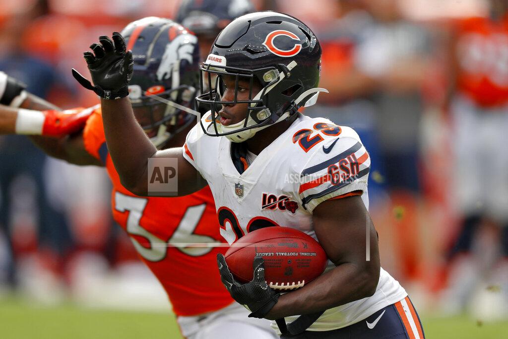 David Zalubowski Chicago Bears running back Tarik Cohen (29) runs the ball against the Denver Broncos during the first half of an NFL football game, Sunday, Sept. 15, 2019, in Denver. (AP Photo/David Zalubowski)
