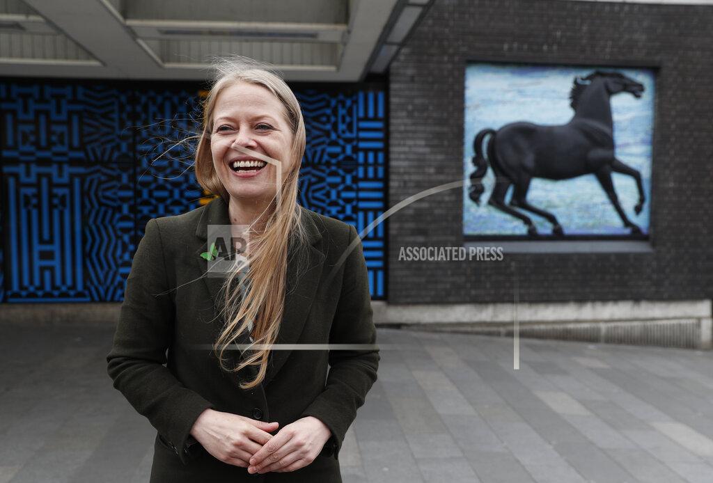 Alastair Grant The Green party candidate for London mayor Sian Berry speaks to the media in north east London, Thursday, April 29, 2021, during a campaign stop. (AP Photo/Alastair Grant)