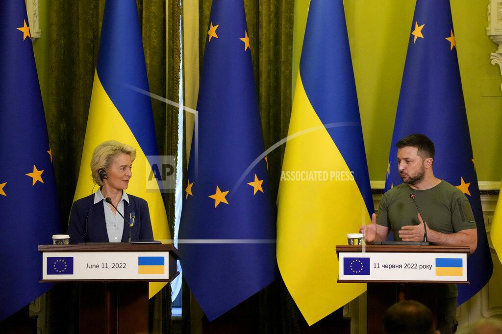Natacha Pisarenko FILE - Ukraine President Volodymyr Zelenskyy speaks during a joint press conference with European Commission President Ursula von der Leyen, left, in Kyiv, Ukraine, Saturday, June 11, 2022. (AP Photo/Natacha Pisarenko, Filw)