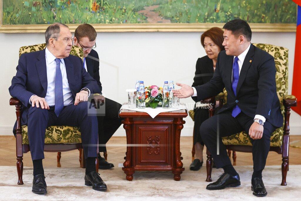 Uncredited In this photo released by the Russian Foreign Ministry Press Service, Mongolian Prime Minister Luvsannamsrain Oyun-Erdene, right, and Russian Foreign Minister Sergey Lavrov speak, during their meeting in Ulaanbaatar, Mongolia, Tuesday, July 5, 2022. (Russian Foreign Ministry Press Service via AP)