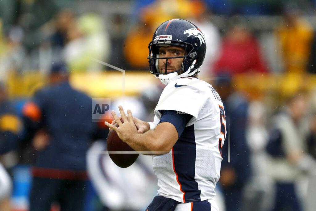 Matt Ludtke Denver Broncos quarterback Joe Flacco warms up before the start of an NFL football game against the Green Bay Packers, Sunday, Sept. 22, 2019, in Green Bay, Wis. (AP Photo/Matt Ludtke)