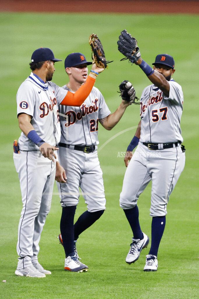 Ron Schwane Detroit Tigers' Victor Reyes, left, JaCoby Jones, center, and Jorge Bonifacio celebrate a victory over the Cleveland Indians in a baseball game, Friday, Aug. 21, 2020, in Cleveland. (AP Photo/Ron Schwane)