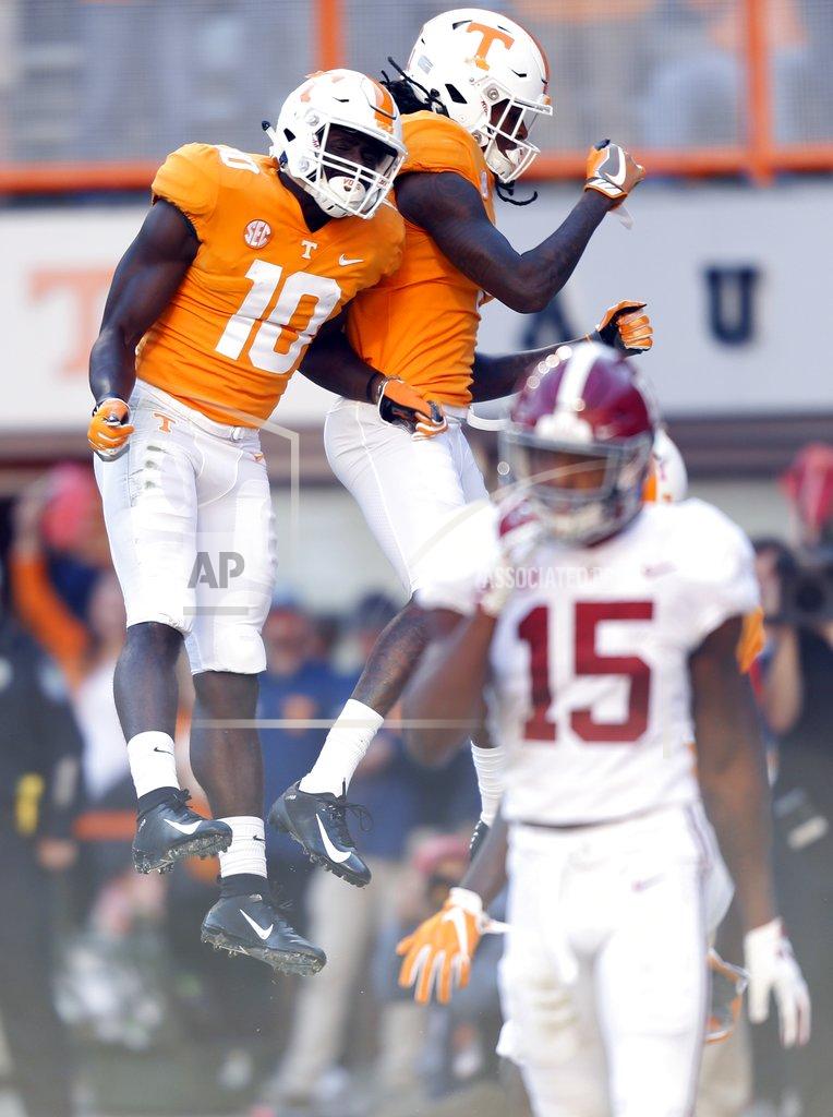 Wade Payne Tennessee wide receiver Tyler Byrd (10) celebrates a touchdown with a teammate during the first half of an NCAA college football game against Alabama, Saturday, Oct. 20, 2018, in Knoxville, Tenn. (AP Photo/Wade Payne)