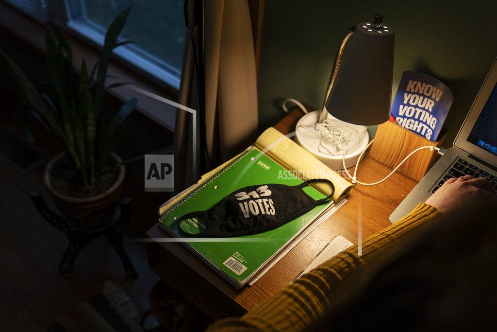 David Goldman A mask decorated with the Detroit area code belonging to Clare Allenson, civic engagement director for Michigan League of Conservation Voters which works on voter outreach and resources as well as recruitment of poll workers for the upcoming election, sits on her desk as she works from home in Detroit, Thursday, Oct. 29, 2020. (AP Photo/David Goldman)