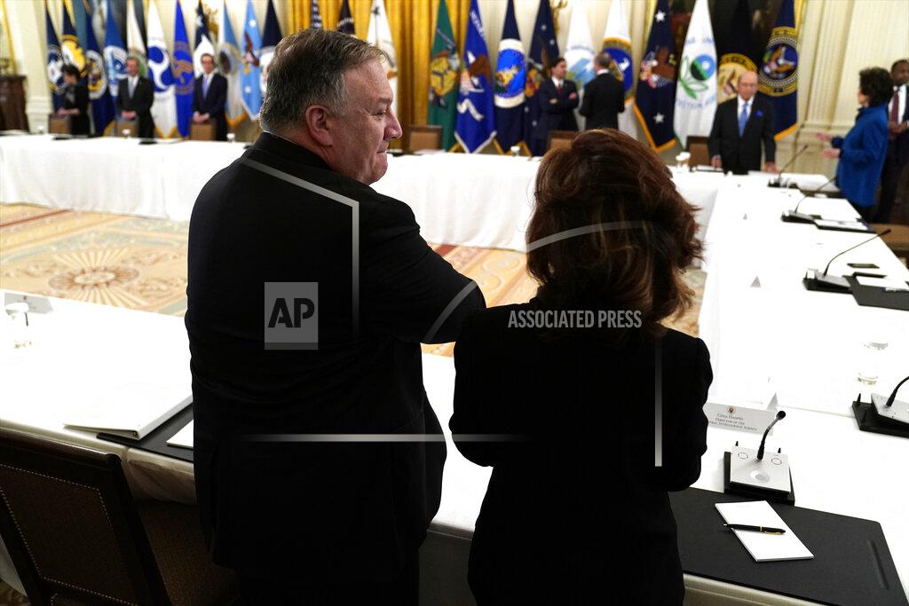 Evan Vucci Secretary of State Mike Pompeo talks with CIA director Gina Haspel before President Donald Trump arrives for a Cabinet Meeting in the East Room of the White House, Tuesday, May 19, 2020, in Washington. (AP Photo/Evan Vucci)