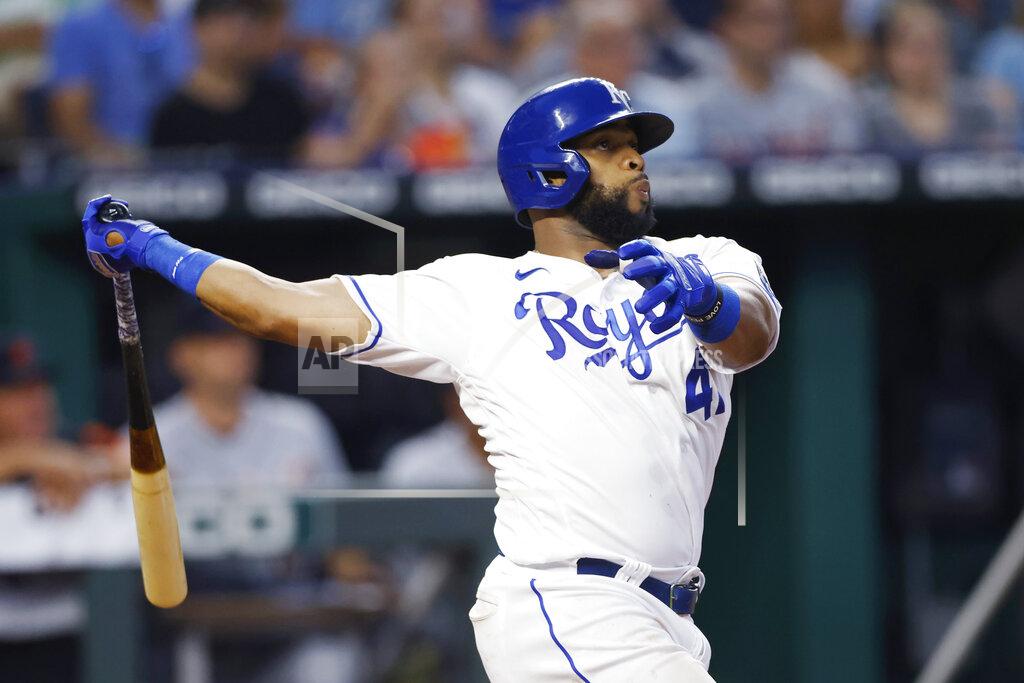 Colin E. Braley Kansas City Royals' Carlos Santana watches his three-run home run hit to take the lead against the Detroit Tigers in the seventh inning of a baseball game at Kauffman Stadium in Kansas City, Mo., Saturday, July 24, 2021. (AP Photo/Colin E. Braley)