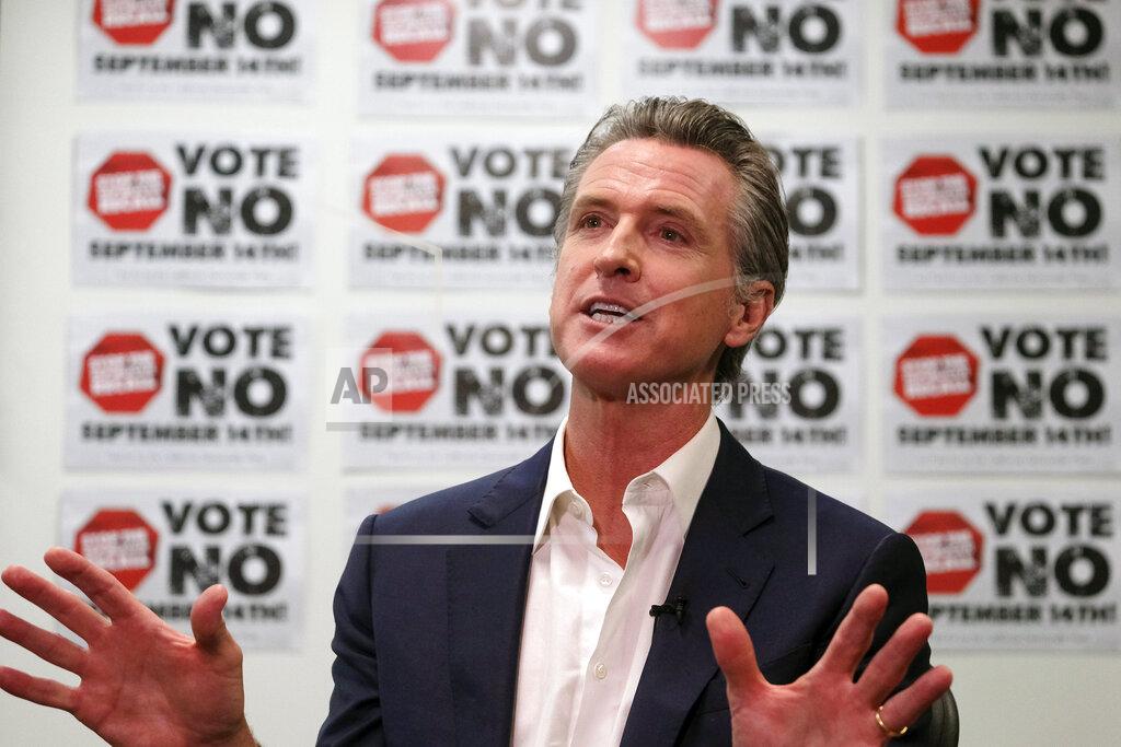 Ringo H.W. Chiu California Gov. Gavin Newsom is photographed during a TV interview before a rally against the California gubernatorial recall election on Sunday, Sept. 12, 2021, in Sun Valley, Calif. (AP Photo/Ringo H.W. Chiu)