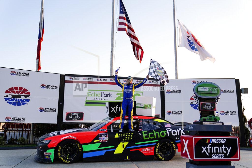 Brynn Anderson NASCAR driver Justin Allgaier celebrates after a win after a NASCAR Xfinity Series at Atlanta Motor Speedway on Saturday, March 20, 2021, in Hampton, Ga. (AP Photo/Brynn Anderson)