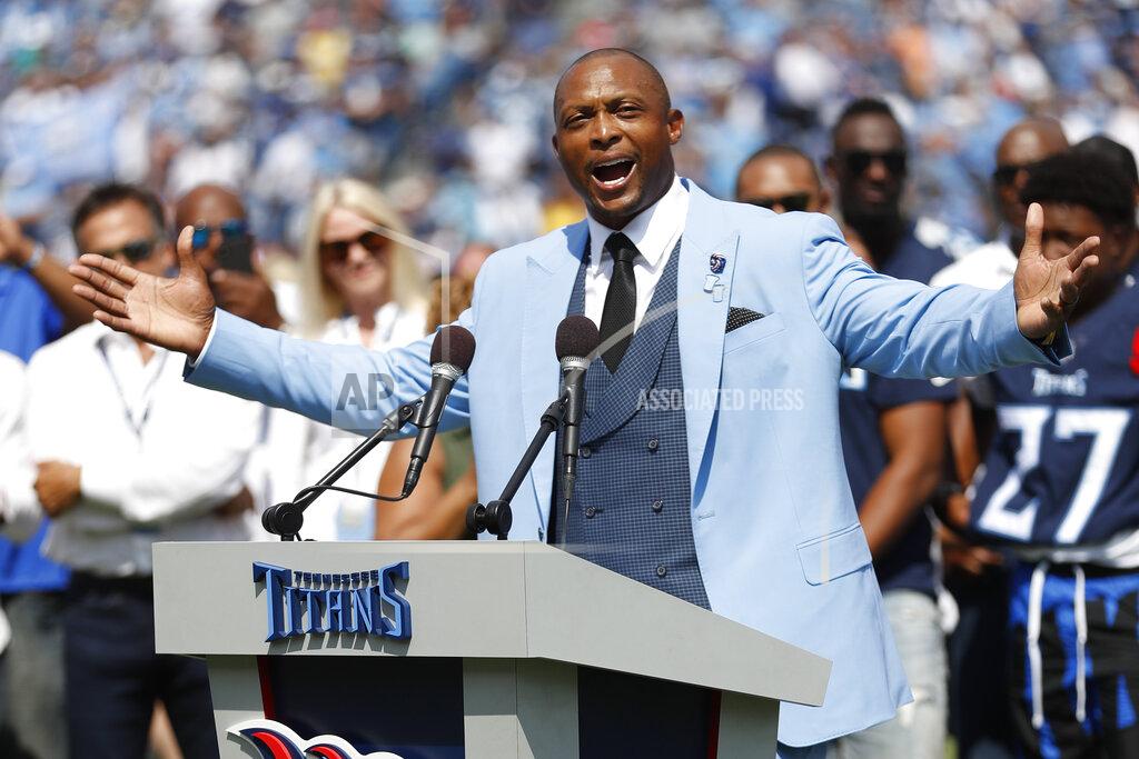 Wade Payne Former Tennessee Titans running back Eddie George speaks as his number 27 is retired during a halftime ceremony at an NFL football game between the Titans and the Indianapolis Colts Sunday, Sept. 15, 2019, in Nashville, Tenn. (AP Photo/Wade Payne)