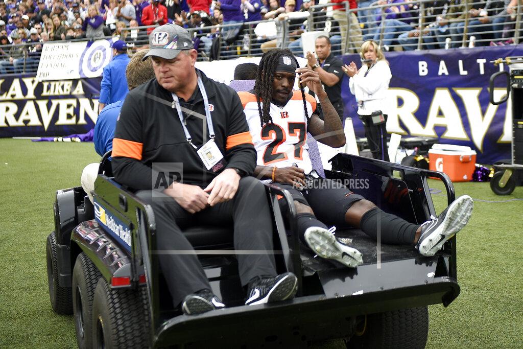 Nick Wass Cincinnati Bengals cornerback Dre Kirkpatrick (27) sits on the back of a cart while being taking off the field after an injury against the Baltimore Ravens during the first half of a NFL football game Sunday, Oct. 13, 2019, in Baltimore. (AP Photo/Nick Wass)