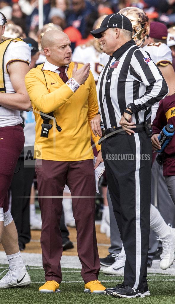 Holly Hart Minnesota Head Coach P.J. Fleck talks with an official in the first half of a NCAA college football game against Illinois Saturday, Nov. 3, 2018, in Champaign, Ill. (AP Photo/Holly Hart)