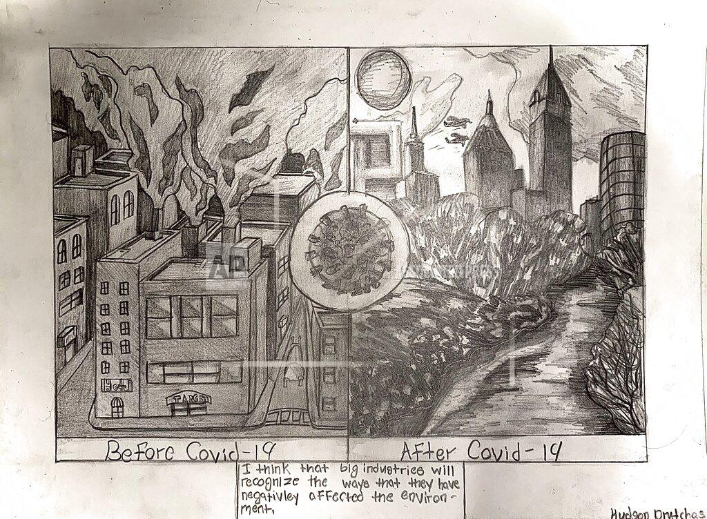 Hudson Drutchas This April 29, 2020 photo shows a drawing by Hudson Drutchas, 12, of Chicago. When he draws his version of the future, Hudson makes a detailed pencil sketch showing life before the coronavirus, and after. The world before is full of pollution in the drawing. In the future, the city is lush with clear skies and more wildlife and trees. “I think the environment might kind of like replenish itself or maybe grow back,” he says. (Hudson Drutchas via AP)