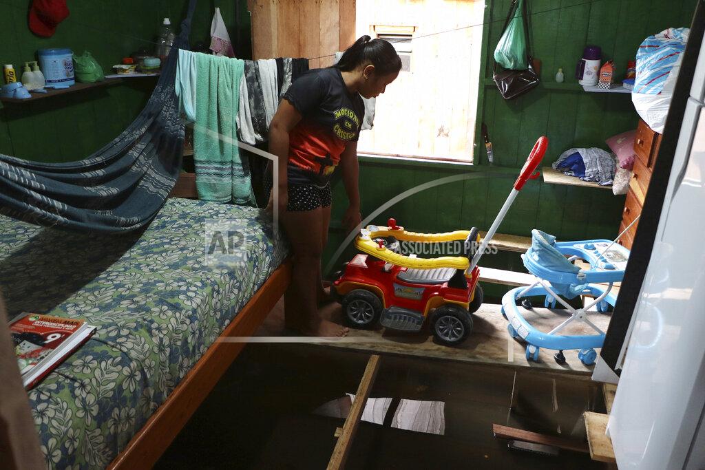 Edmar Barros Valeria Ribeiro de Souza walks on a wooden plank that keeps furniture above floodwater inside her home in Anama, Amazonas state, Brazil, Thursday, May 13, 2021. (AP Photo/Edmar Barros)