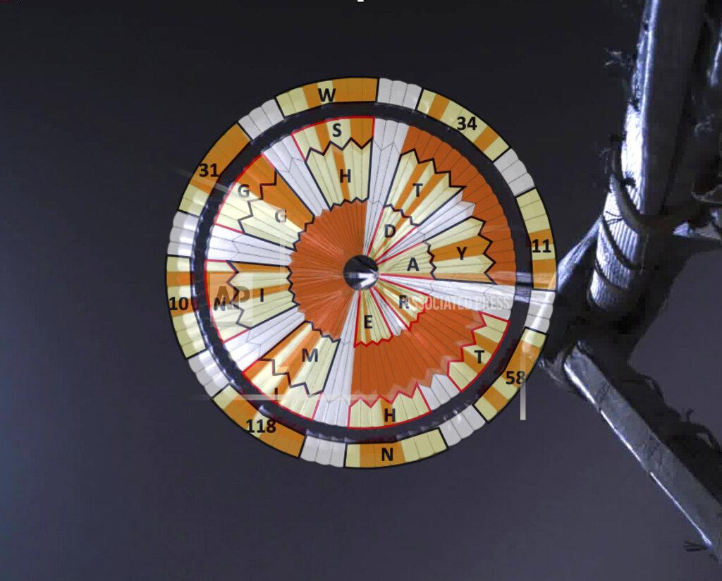 Uncredited This illustration provided by NASA shows a diagram added over the parachute deployed during the descent of the Mars Perseverance rover as it approaches the surface of the planet on Thursday, Feb. 18, 2021. Systems engineer Ian Clark used a binary code to spell out “Dare Mighty Things” in the orange and white strips of the 70-foot (21-meter) parachute. He also included the GPS coordinates for the mission's headquarters at the Jet Propulsion Laboratory in Pasadena, Calif. (NASA/JPL-Caltech via AP)