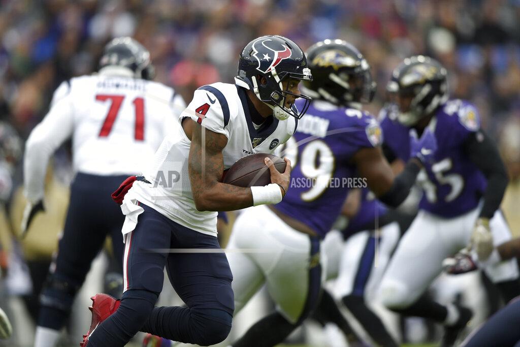 Gail Burton Houston Texans quarterback Deshaun Watson runs with the ball against the Baltimore Ravens during the first half of an NFL football game, Sunday, Nov. 17, 2019, in Baltimore. (AP Photo/Gail Burton)